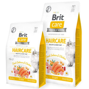 BRIT CARE CAT GF HAIRCARE bezgraudu sausā barība kaķiem Lasis, vista 2kg